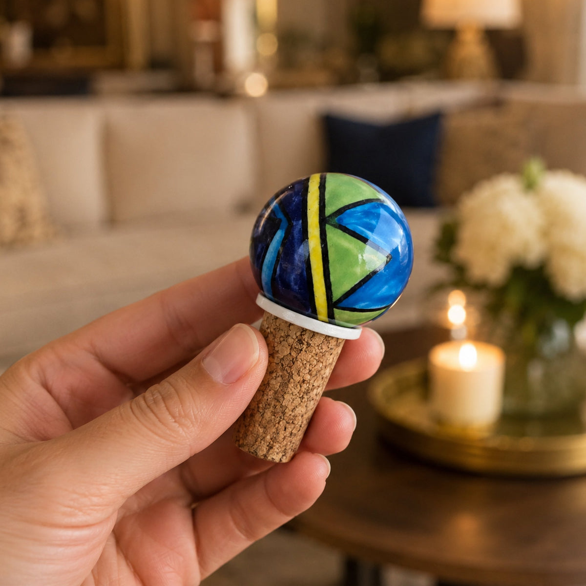 Handmade Ceramic Wine Bottle Stopper – Colorful Blue Green Abstract Design, Airtight Cork Seal, Gift for Wine Lovers
