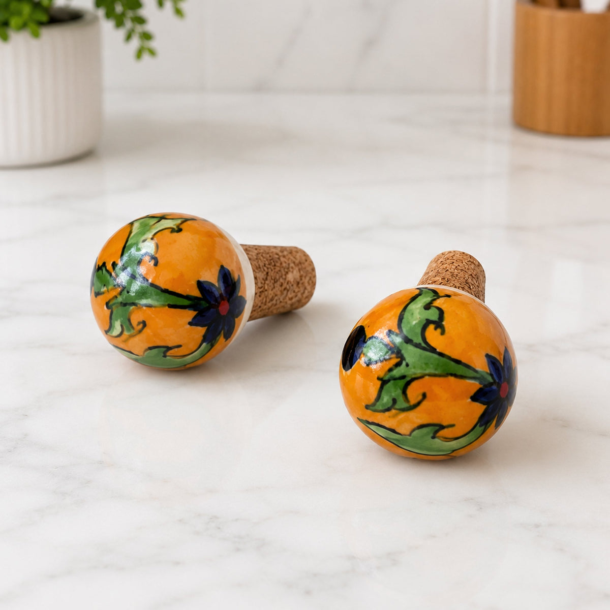 Ceramic Wine Bottle Stopper with Cork – Handcrafted Hand-Painted Round Floral Wine Stopper, Airtight Bottle Sealer for Wine & Bar | Decorative Wine Saver, Ideal Gift for Wine Lovers, Made in India