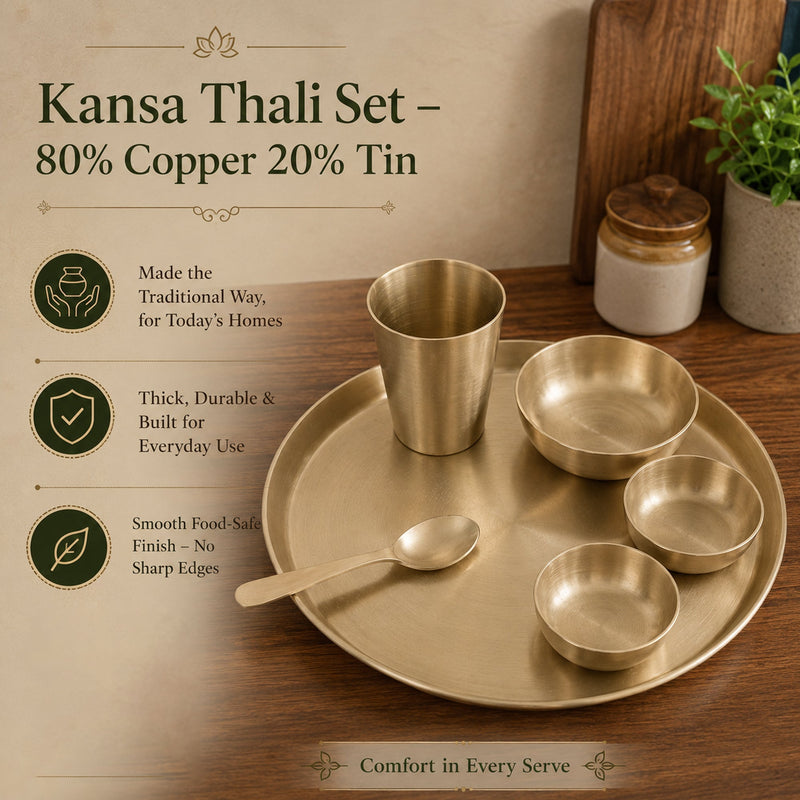 Pure Kansa Matte Finish 12 Inch Thali Dinner Set – Traditional Ayurvedic Dinnerware for Healthy & Elegant Dining