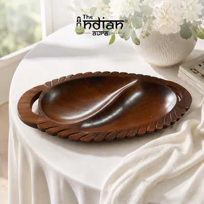 Wooden 2-Compartment Serving Tray with Handles – Handcrafted Divided Platter for Dry Fruits, Snacks, Nuts & Cookies, Sheesham Wood Decorative Serving Dish | Ideal Housewarming & Diwali Gift