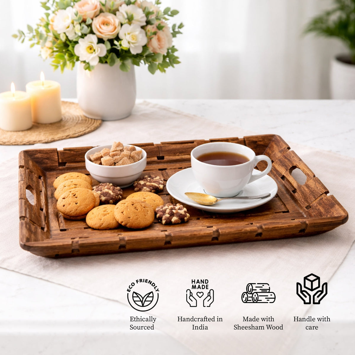 Sheesham Wood Serving Tray with Handles 36 cm | The Indian Aura