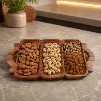 Wooden 3-Compartment Serving Tray with Handles – Handcrafted Sheesham Wood Divided Platter for Dry Fruits, Snacks, Nuts & Cookies, Decorative Serving Dish | Ideal Housewarming & Diwali Gift