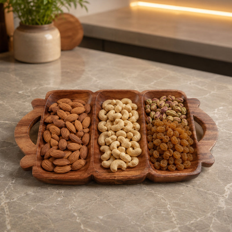 Wooden 3-Compartment Serving Tray with Handles – Handcrafted Sheesham Wood Divided Platter for Dry Fruits, Snacks, Nuts & Cookies, Decorative Serving Dish | Ideal Housewarming & Diwali Gift