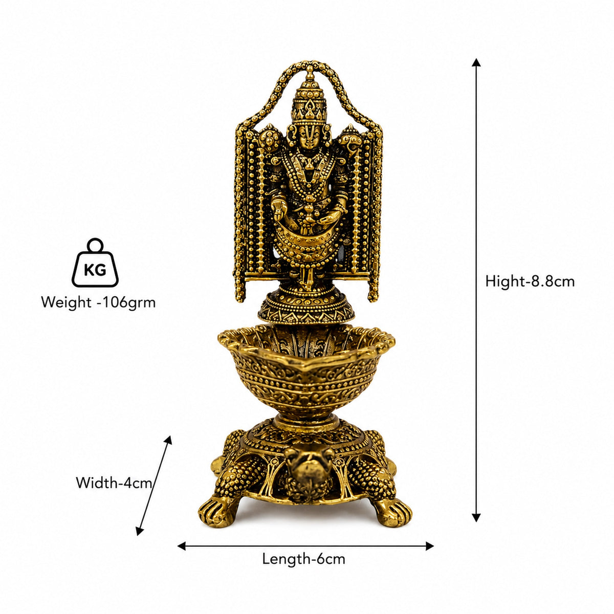 Brass Lord Venkateswara Diya with Turtle Base | Antique Finish, Pure Brass, 8.8cm Height, Pooja & Temple Decor, Deepam Oil Lamp
