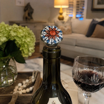 Ceramic Wine Bottle Stopper with Cork – Handcrafted Hand-Painted Floral Wine Stopper, Airtight Bottle Sealer for Wine & Bar | Decorative Wine Saver, Ideal Gift for Wine Lovers, Made in India
