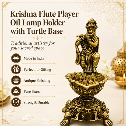 Brass Diya Oil Lamp with Turtle Base for Pooja Room, Mandir, Home Temple Décor & Spiritual Gift,Krishna Flute Player