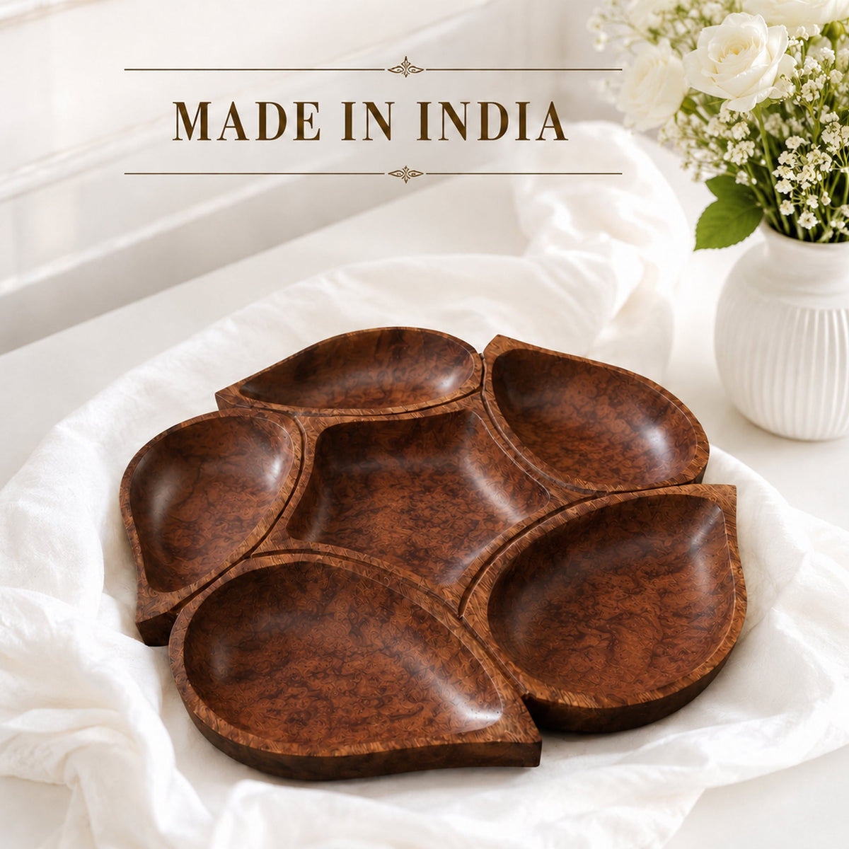 Flower Shaped Wooden Serving Platter with 6 Compartments – Handcrafted Sheesham Wood Divided Tray for Dry Fruits, Snacks, Nuts & Cookies, Decorative Serving Dish | Ideal Housewarming & Diwali Gift