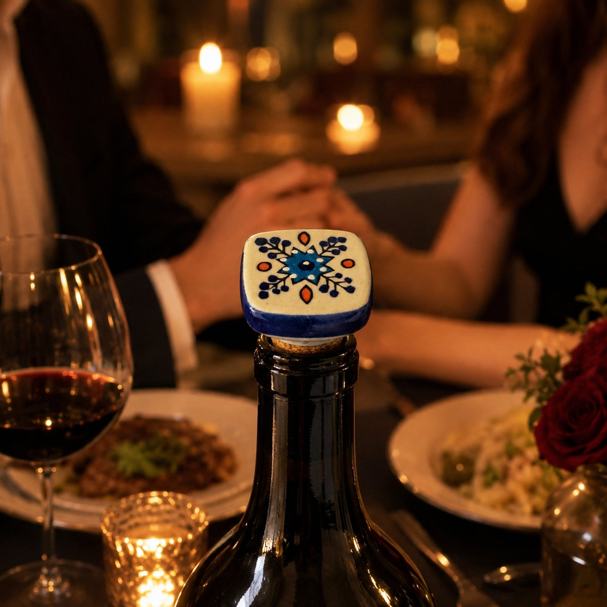 Ceramic Wine Bottle Stopper with Cork – Handcrafted Hand-Painted Reusable Wine Stopper, Airtight Bottle Sealer for Wine & Bar | Decorative Wine Saver, Ideal Gift for Wine Lovers, Made in India