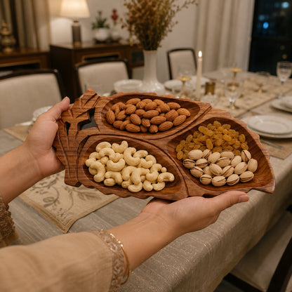 Leaf Shaped Wooden Serving Platter with 3 Compartments – Handcrafted Sheesham Wood Divided Tray for Dry Fruits, Snacks, Nuts & Cookies, Decorative Serving Dish | Ideal Housewarming & Diwali Gift
