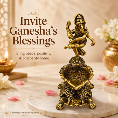 Pure Brass Dancing Ganesha Diya Oil Lamp Holder | Antique Gold Finish, Diya, Vastu Show piece, Puja Room Decor