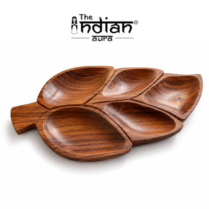 Leaf Shaped Wooden Serving Platter with 5 Compartments – Handcrafted Sheesham Wood Divided Tray for Dry Fruits, Snacks, Nuts & Cookies, Decorative Serving Dish | Ideal Housewarming & Diwali Gift