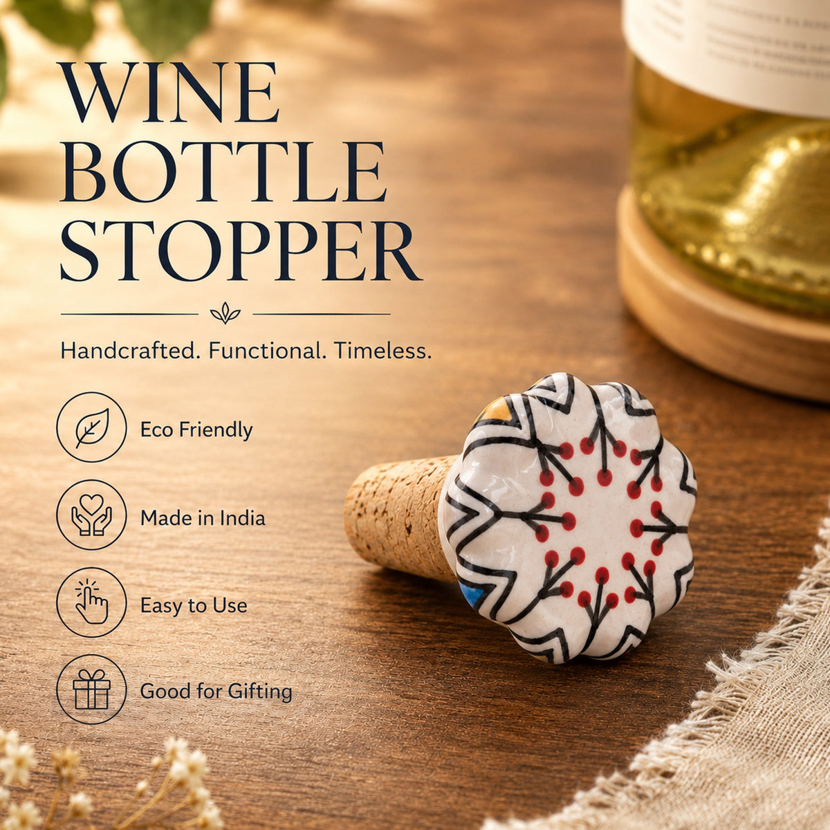 Ceramic Wine Bottle Stopper with Cork – Handcrafted Hand-Painted Red Berry Floral Wine Stopper, Airtight Bottle Sealer for Wine & Bar | Decorative Wine Saver, Ideal Gift for Wine Lovers, Made in India