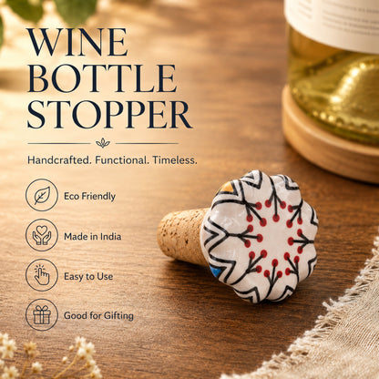 Ceramic Wine Bottle Stopper with Cork – Handcrafted Hand-Painted Red Berry Floral Wine Stopper, Airtight Bottle Sealer for Wine & Bar | Decorative Wine Saver, Ideal Gift for Wine Lovers, Made in India