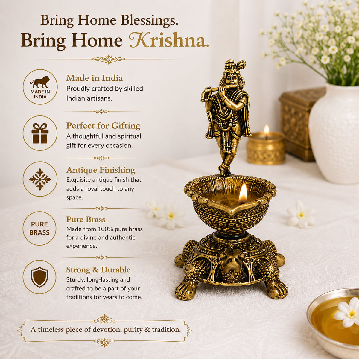 Brass Krishna Diya with Tortoise Base | Antique Finish, Pure Brass, 8.8cm Height, Pooja & Temple Decor, Deepam Oil Lamp