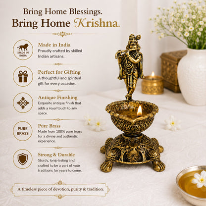 Brass Krishna Diya with Tortoise Base | Antique Finish, Pure Brass, 8.8cm Height, Pooja & Temple Decor, Deepam Oil Lamp