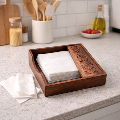 Rosewood Wooden Serving Tray with Matching Napkin Holder | The Indian Aura