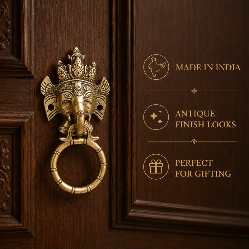 Lord Ganesha Brass Door Knocker for Main Door – Antique Finish Ganpati Vastu Face with Ring, 6.5 Inch Ethnic Indian Elephant Design | Auspicious Entrance Decor & Housewarming Gift