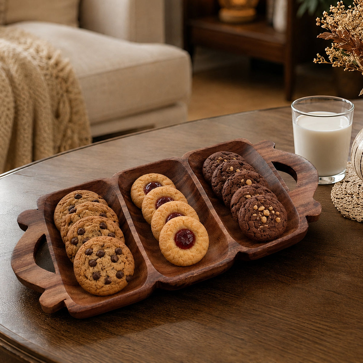 Wooden 3-Compartment Serving Tray with Handles – Handcrafted Sheesham Wood Divided Platter for Dry Fruits, Snacks, Nuts & Cookies, Decorative Serving Dish | Ideal Housewarming & Diwali Gift