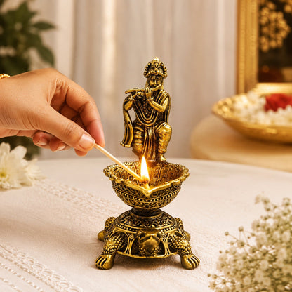 Brass Diya Oil Lamp with Turtle Base for Pooja Room, Mandir, Home Temple Décor & Spiritual Gift,Krishna Flute Player