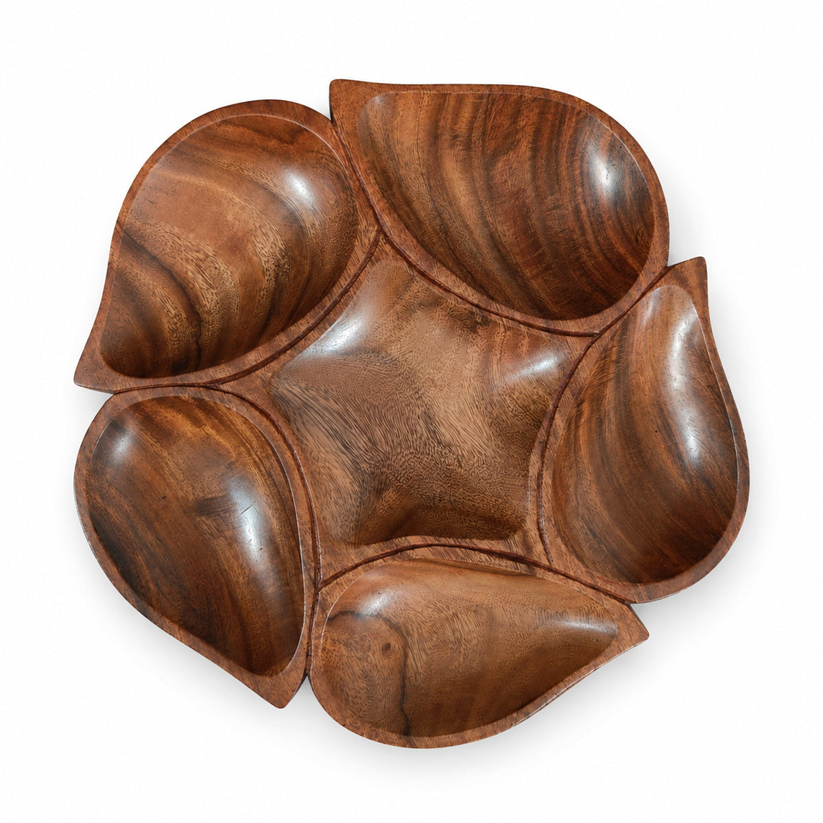 Flower Shaped Wooden Serving Platter with 6 Compartments – Handcrafted Sheesham Wood Divided Tray for Dry Fruits, Snacks, Nuts & Cookies, Decorative Serving Dish | Ideal Housewarming & Diwali Gift