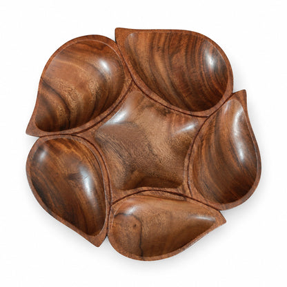 Flower Shaped Wooden Serving Platter with 6 Compartments – Handcrafted Sheesham Wood Divided Tray for Dry Fruits, Snacks, Nuts & Cookies, Decorative Serving Dish | Ideal Housewarming & Diwali Gift