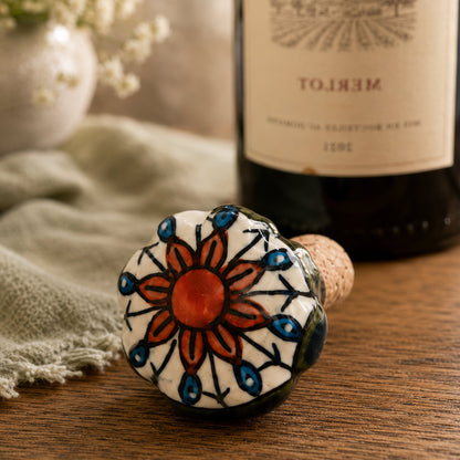 Ceramic Wine Bottle Stopper with Cork – Handcrafted Hand-Painted Floral Wine Stopper, Airtight Bottle Sealer for Wine & Bar | Decorative Wine Saver, Ideal Gift for Wine Lovers, Made in India