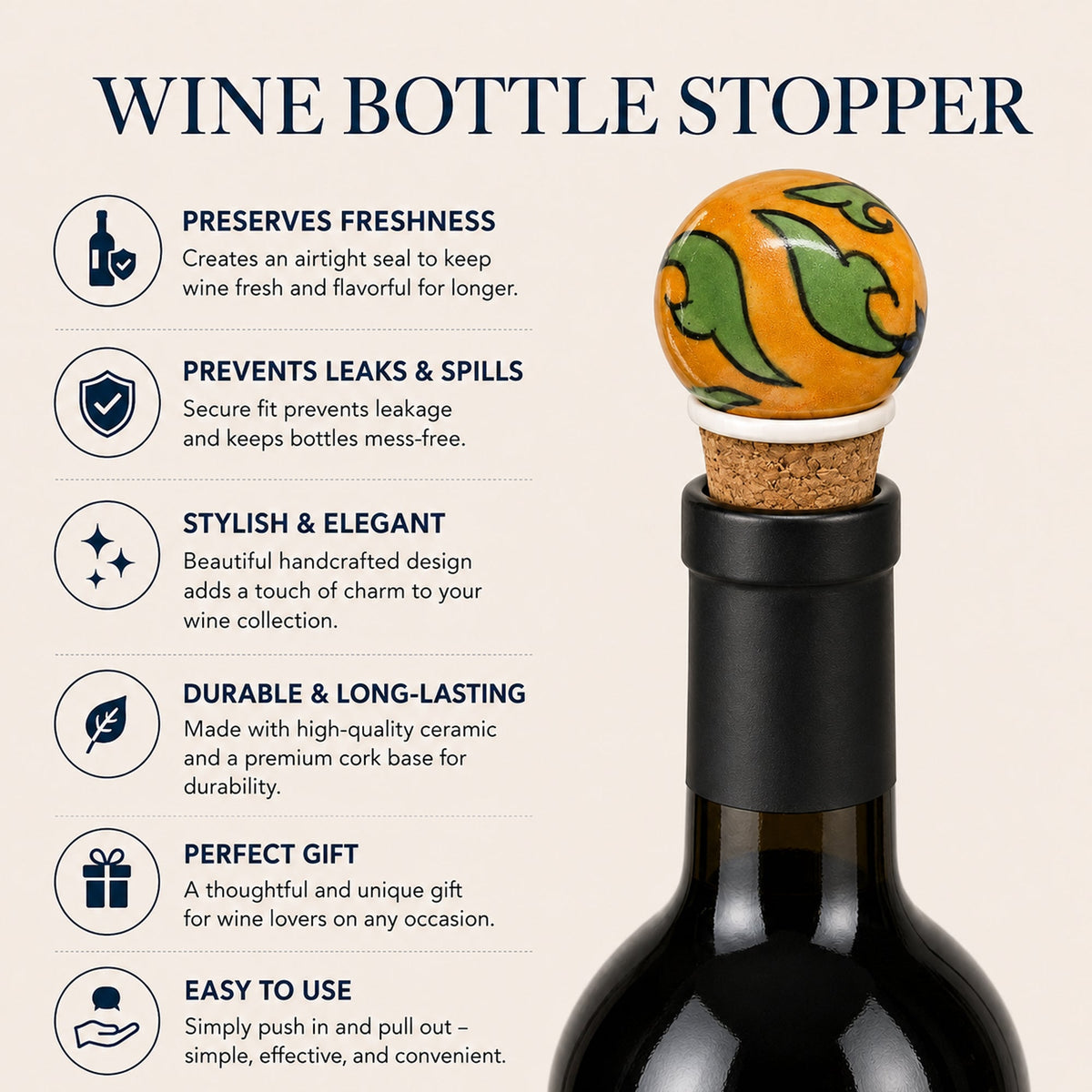 Ceramic Wine Bottle Stopper with Cork – Handcrafted Hand-Painted Round Floral Wine Stopper, Airtight Bottle Sealer for Wine & Bar | Decorative Wine Saver, Ideal Gift for Wine Lovers, Made in India