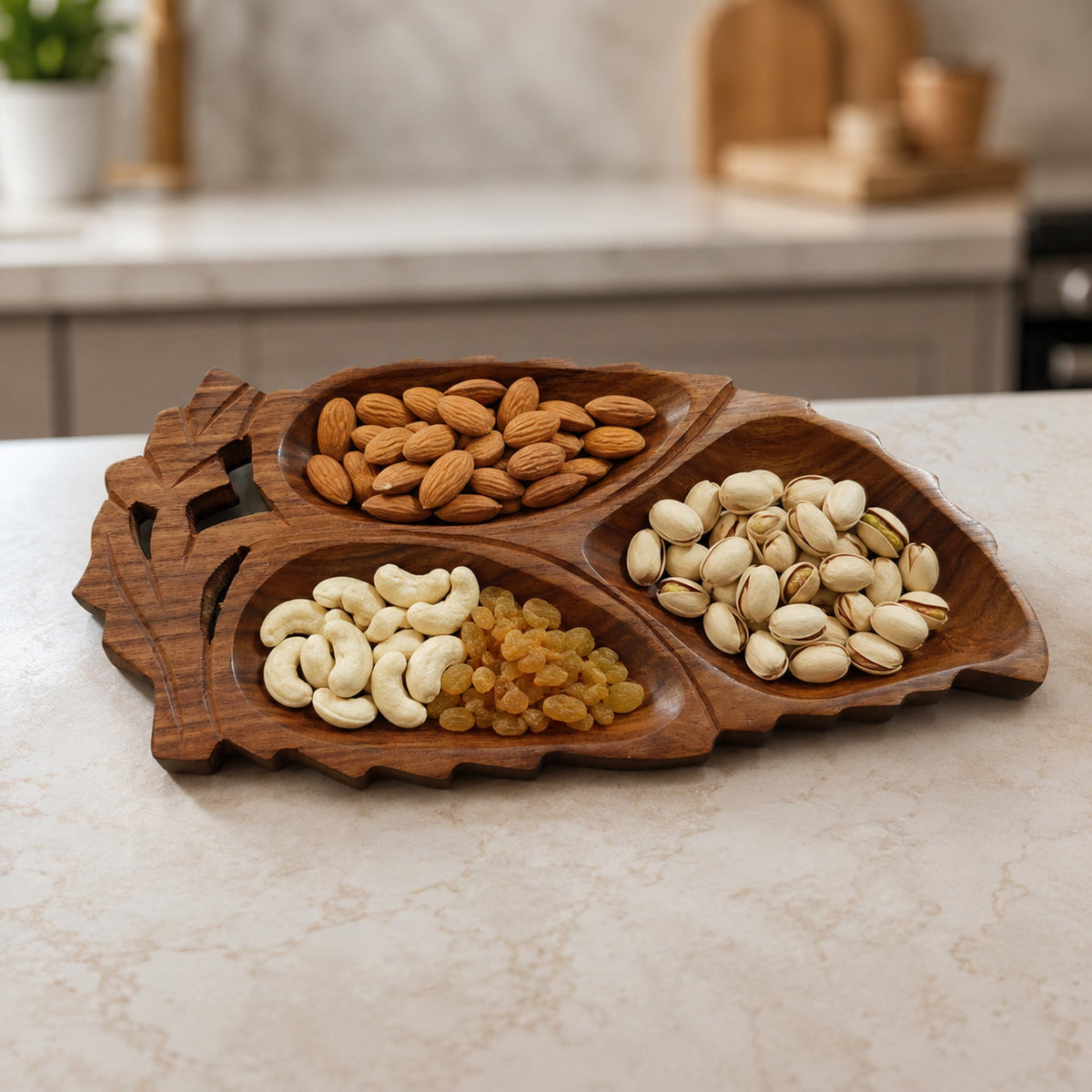 Leaf Shaped Wooden Serving Platter with 3 Compartments – Handcrafted Sheesham Wood Divided Tray for Dry Fruits, Snacks, Nuts & Cookies, Decorative Serving Dish | Ideal Housewarming & Diwali Gift