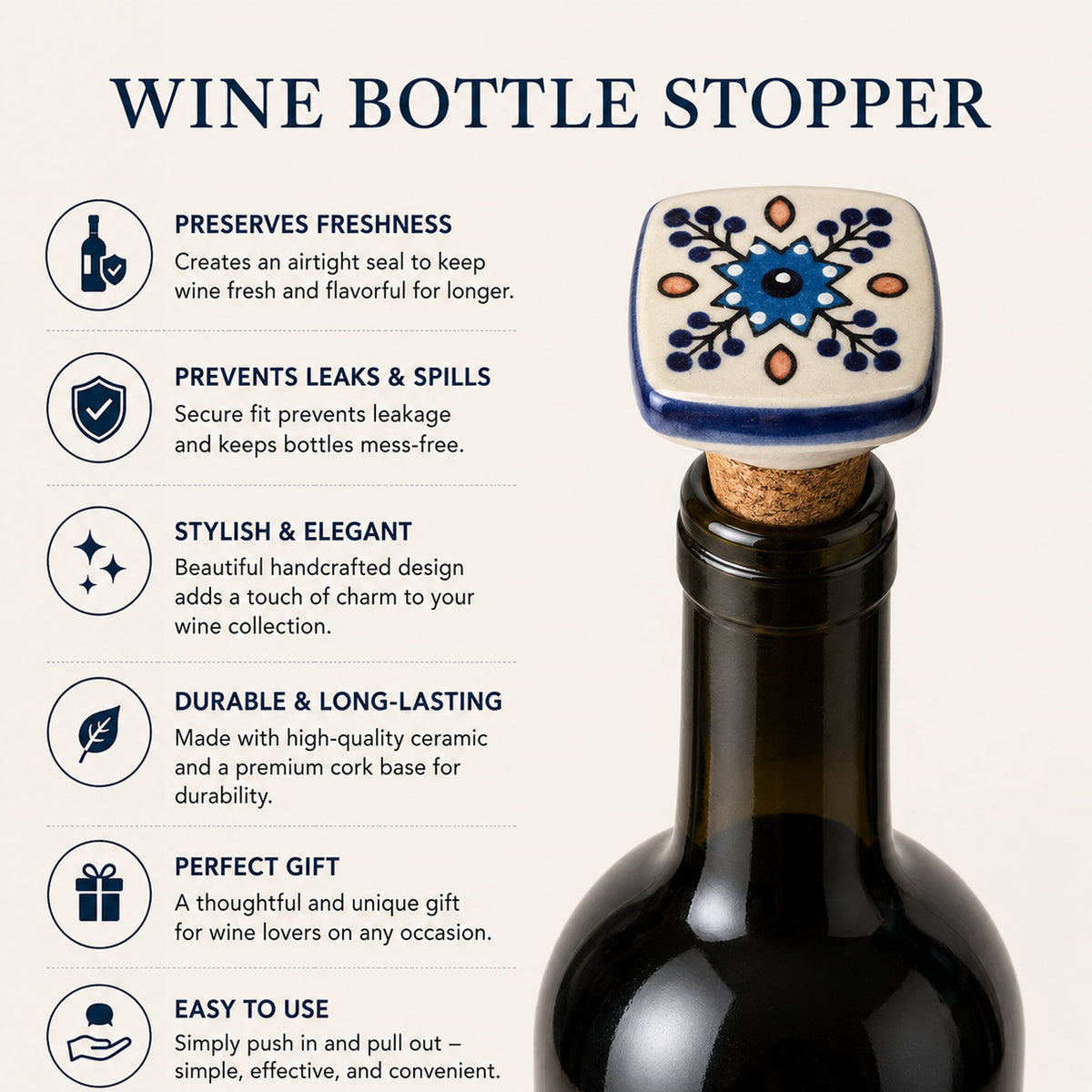 Ceramic Wine Bottle Stopper with Cork – Handcrafted Hand-Painted Reusable Wine Stopper, Airtight Bottle Sealer for Wine & Bar | Decorative Wine Saver, Ideal Gift for Wine Lovers, Made in India