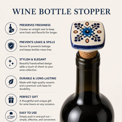Ceramic Wine Bottle Stopper with Cork – Handcrafted Hand-Painted Reusable Wine Stopper, Airtight Bottle Sealer for Wine & Bar | Decorative Wine Saver, Ideal Gift for Wine Lovers, Made in India