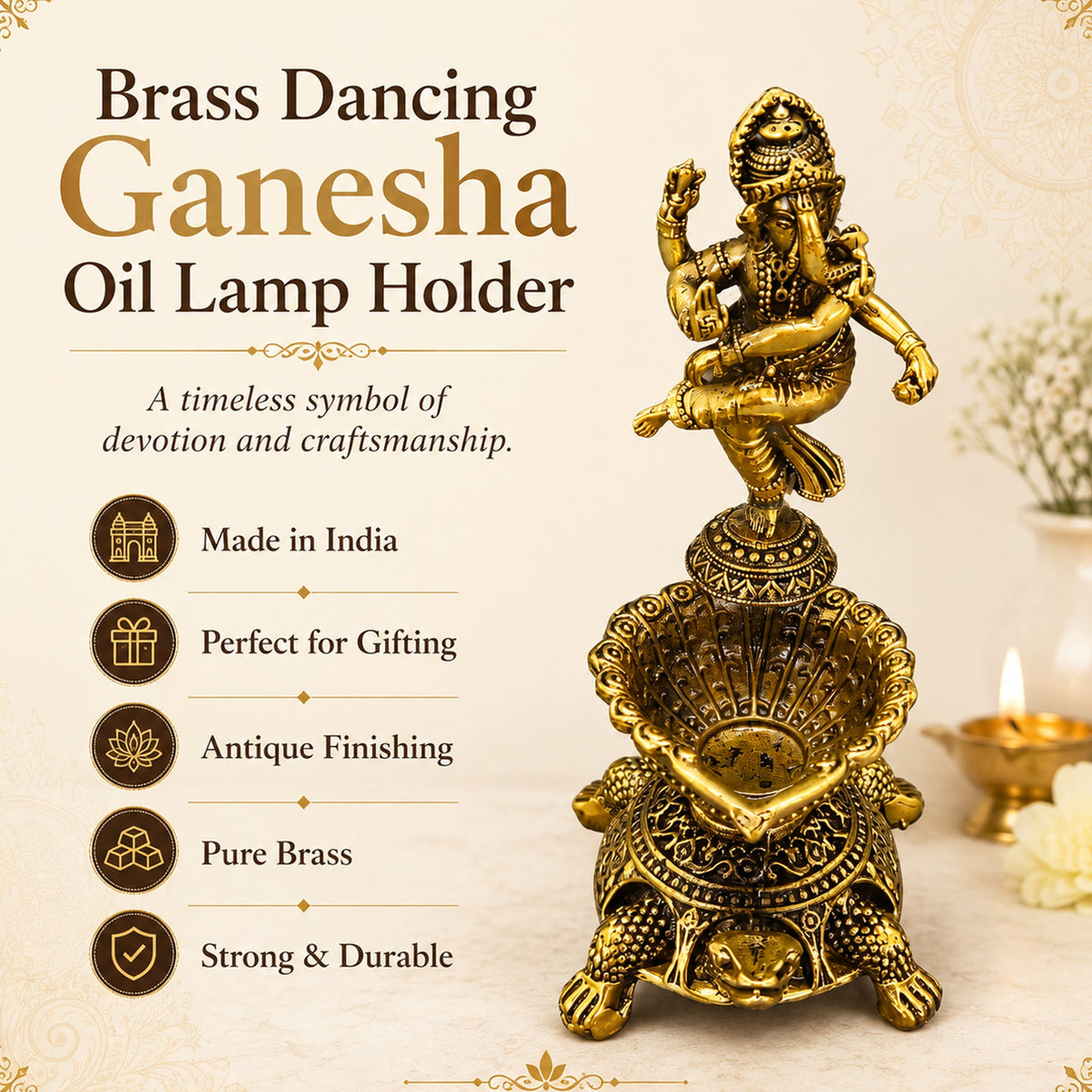 Pure Brass Dancing Ganesha Diya Oil Lamp Holder | Antique Gold Finish, Diya, Vastu Show piece, Puja Room Decor