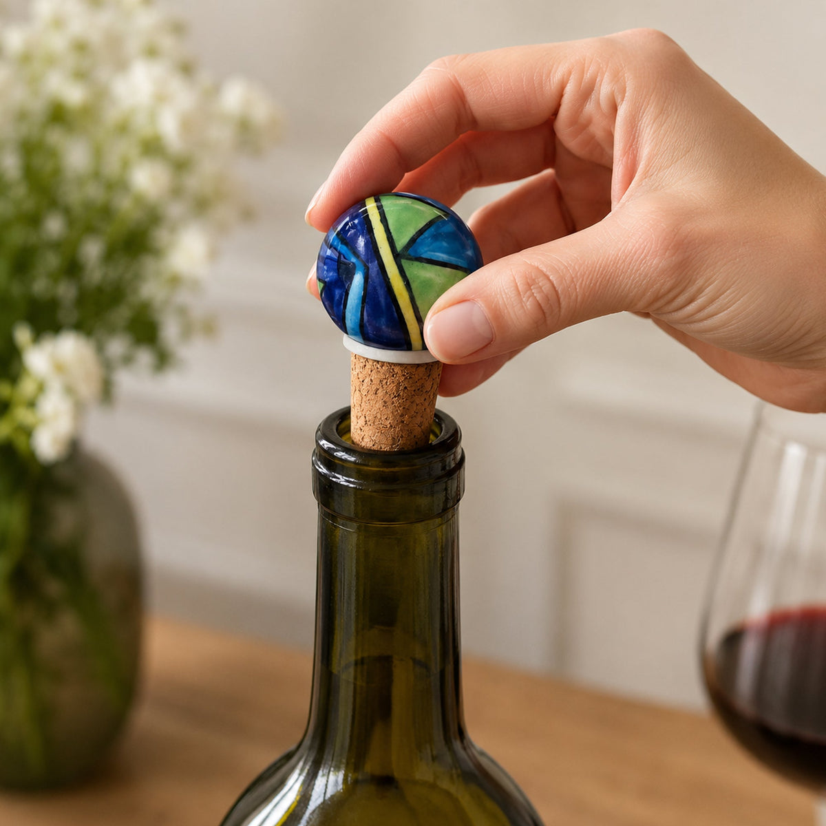Handmade Ceramic Wine Bottle Stopper – Colorful Blue Green Abstract Design, Airtight Cork Seal, Gift for Wine Lovers