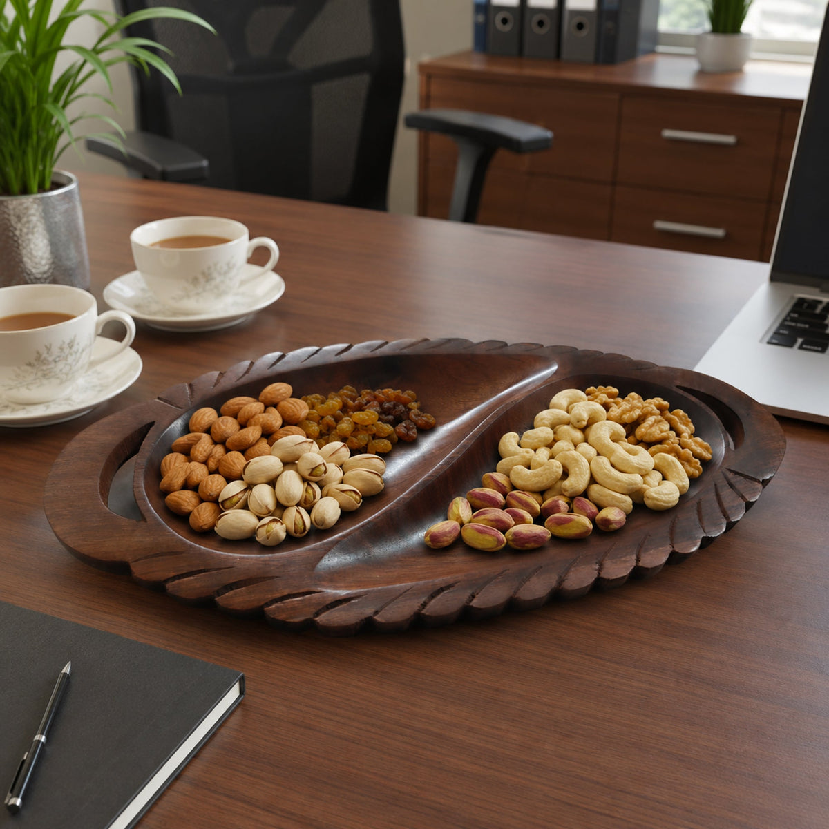 Wooden 2-Compartment Serving Tray with Handles – Handcrafted Divided Platter for Dry Fruits, Snacks, Nuts & Cookies, Sheesham Wood Decorative Serving Dish | Ideal Housewarming & Diwali Gift
