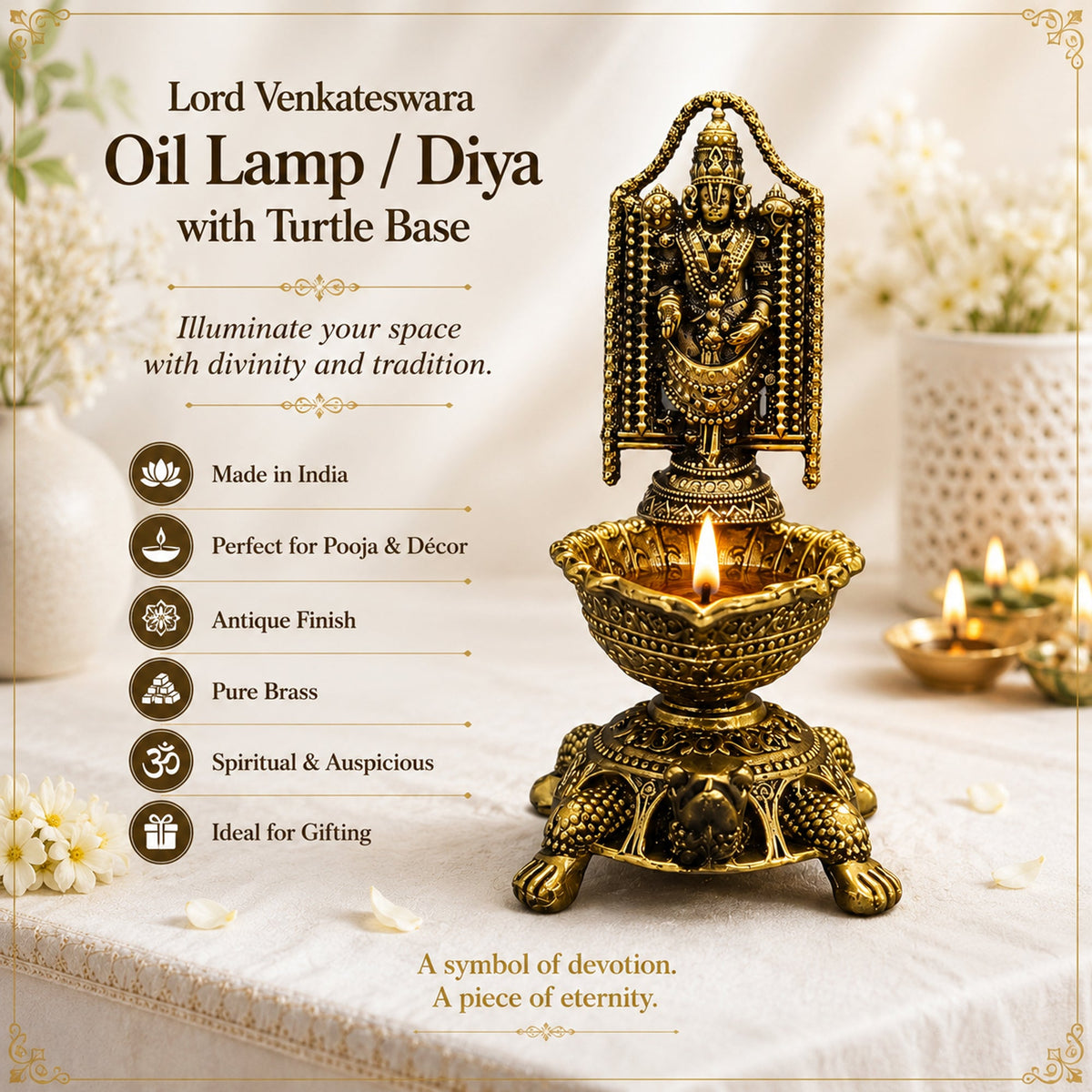 Brass Lord Venkateswara Diya with Turtle Base | Antique Finish, Pure Brass, 8.8cm Height, Pooja & Temple Decor, Deepam Oil Lamp