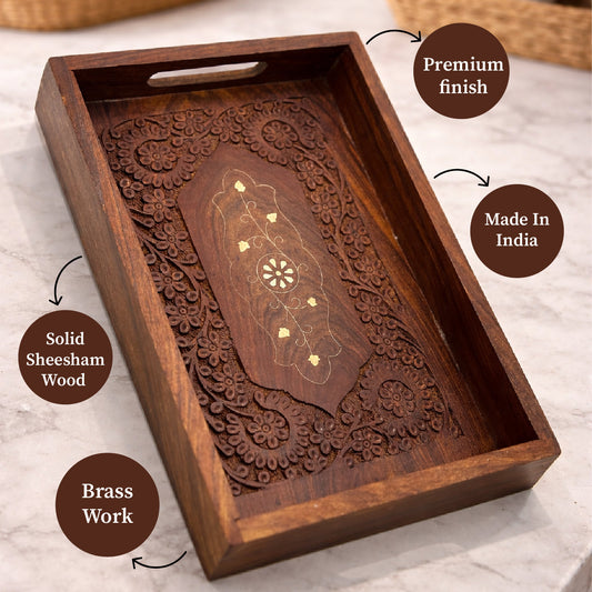 Rosewood Wooden Serving Tray with Matching Coaster (Set of 6) | The Indian Aura