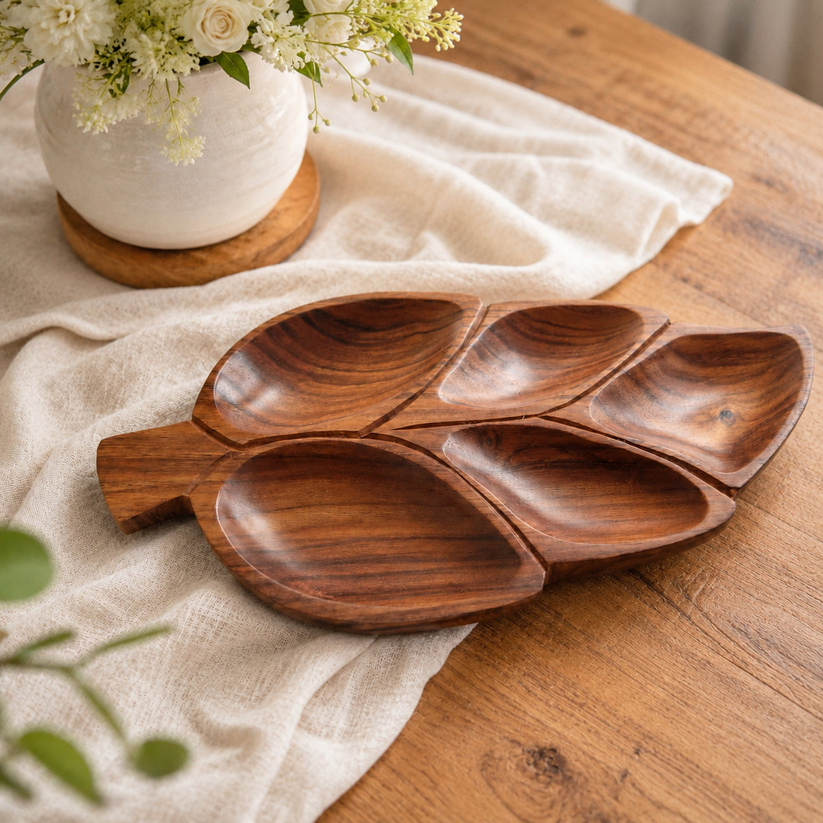 Leaf Shaped Wooden Serving Platter with 5 Compartments – Handcrafted Sheesham Wood Divided Tray for Dry Fruits, Snacks, Nuts & Cookies, Decorative Serving Dish | Ideal Housewarming & Diwali Gift