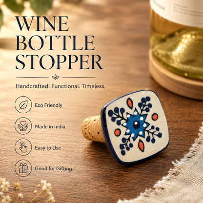 Ceramic Wine Bottle Stopper with Cork – Handcrafted Hand-Painted Reusable Wine Stopper, Airtight Bottle Sealer for Wine & Bar | Decorative Wine Saver, Ideal Gift for Wine Lovers, Made in India