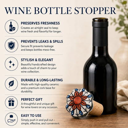 Ceramic Wine Bottle Stopper with Cork – Handcrafted Hand-Painted Floral Wine Stopper, Airtight Bottle Sealer for Wine & Bar | Decorative Wine Saver, Ideal Gift for Wine Lovers, Made in India