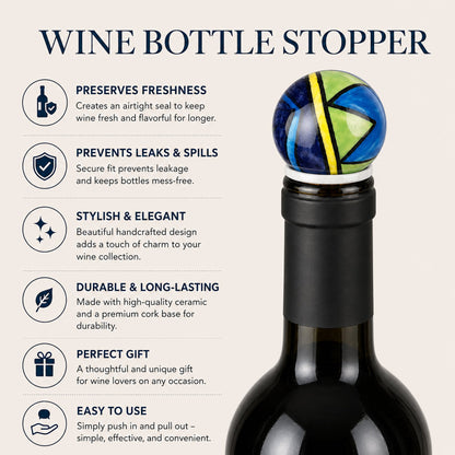 Handmade Ceramic Wine Bottle Stopper – Colorful Blue Green Abstract Design, Airtight Cork Seal, Gift for Wine Lovers