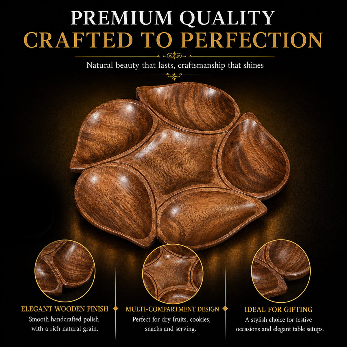 Flower Shaped Wooden Serving Platter with 6 Compartments – Handcrafted Sheesham Wood Divided Tray for Dry Fruits, Snacks, Nuts & Cookies, Decorative Serving Dish | Ideal Housewarming & Diwali Gift