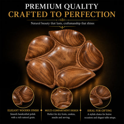 Flower Shaped Wooden Serving Platter with 6 Compartments – Handcrafted Sheesham Wood Divided Tray for Dry Fruits, Snacks, Nuts & Cookies, Decorative Serving Dish | Ideal Housewarming & Diwali Gift