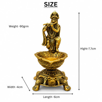 Brass Diya Oil Lamp with Turtle Base for Pooja Room, Mandir, Home Temple Décor & Spiritual Gift,Krishna Flute Player