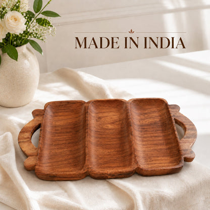 Wooden 3-Compartment Serving Tray with Handles – Handcrafted Sheesham Wood Divided Platter for Dry Fruits, Snacks, Nuts & Cookies, Decorative Serving Dish | Ideal Housewarming & Diwali Gift