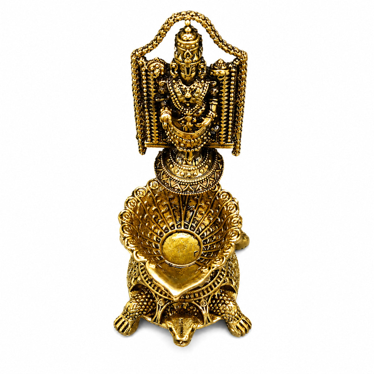 Brass Lord Venkateswara Diya with Turtle Base | Antique Finish, Pure Brass, 8.8cm Height, Pooja & Temple Decor, Deepam Oil Lamp