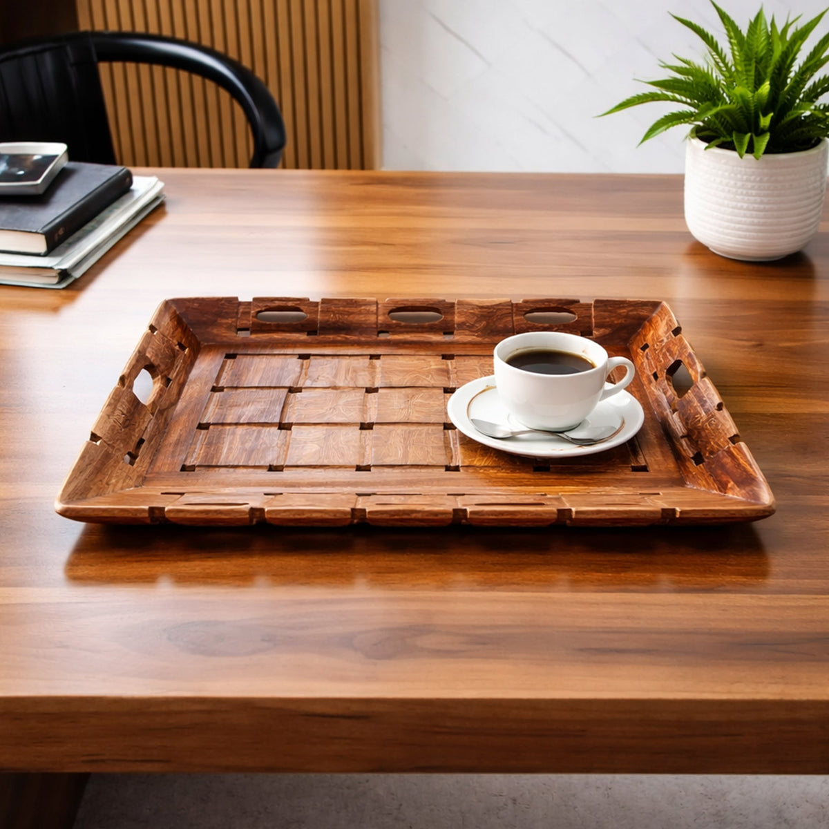Sheesham Wood Serving Tray with Handles 36 cm | The Indian Aura