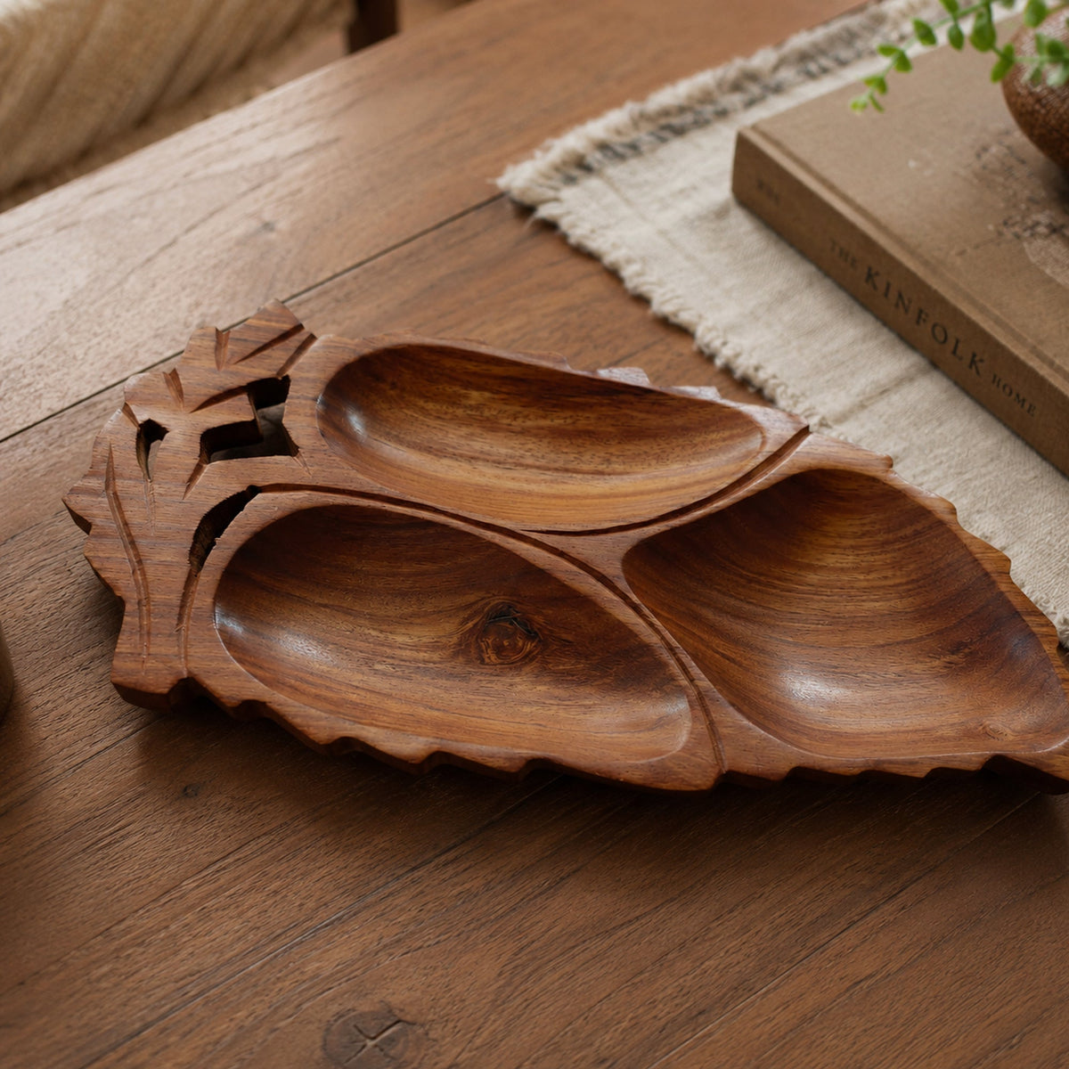 Leaf Shaped Wooden Serving Platter with 3 Compartments – Handcrafted Sheesham Wood Divided Tray for Dry Fruits, Snacks, Nuts & Cookies, Decorative Serving Dish | Ideal Housewarming & Diwali Gift