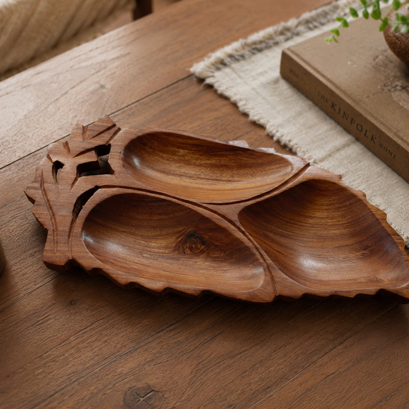 Leaf Shaped Wooden Serving Platter with 3 Compartments – Handcrafted Sheesham Wood Divided Tray for Dry Fruits, Snacks, Nuts & Cookies, Decorative Serving Dish | Ideal Housewarming & Diwali Gift