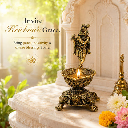 Brass Krishna Diya with Tortoise Base | Antique Finish, Pure Brass, 8.8cm Height, Pooja & Temple Decor, Deepam Oil Lamp