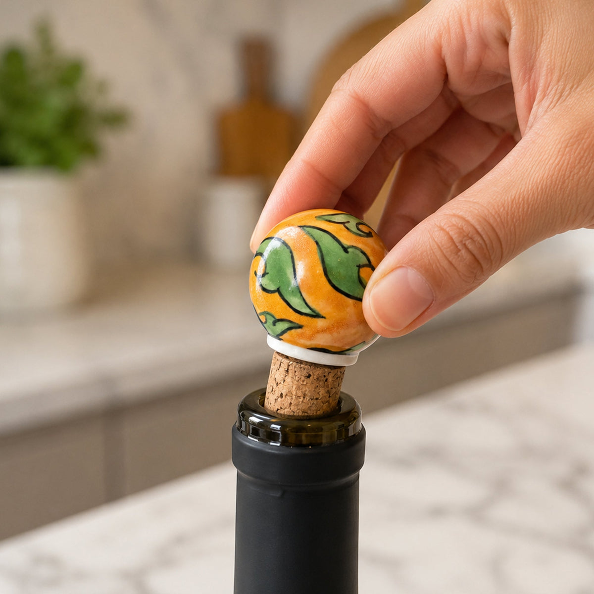 Ceramic Wine Bottle Stopper with Cork – Handcrafted Hand-Painted Round Floral Wine Stopper, Airtight Bottle Sealer for Wine & Bar | Decorative Wine Saver, Ideal Gift for Wine Lovers, Made in India