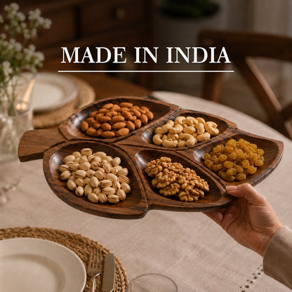 Leaf Shaped Wooden Serving Platter with 5 Compartments – Handcrafted Sheesham Wood Divided Tray for Dry Fruits, Snacks, Nuts & Cookies, Decorative Serving Dish | Ideal Housewarming & Diwali Gift